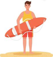 Young lifeguard standing on sandy beach holding a surfboard in flat art vector