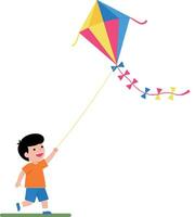 Young boy joyfully flying a colorful kite in a minimal style illustration vector