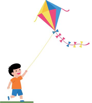Young boy joyfully flying a colorful kite in a minimal style illustration