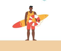 Lifeguard standing on the beach holding a surfboard and lifesaver in flat art vector