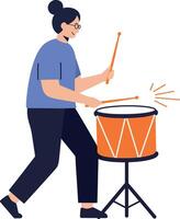 A woman energetically playing a drum in a lively, minimal design style art vector