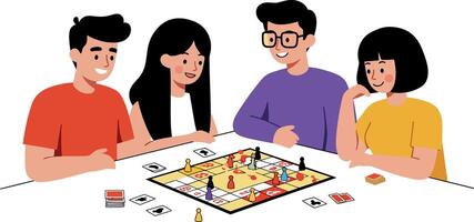 Four friends engaging in a lively board game session with colorful pieces in flat art vector