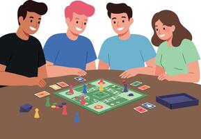 Four friends laughing and playing a colorful board game in a flat style illustration vector