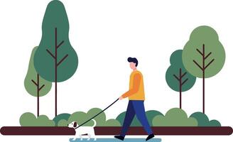 A man walking a small dog on a path surrounded by trees in a flat illustration vector