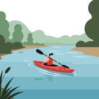 A person kayaking on a serene river surrounded by lush greenery in flat art vector