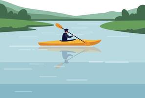 Kayaker paddling on serene waters with lush green hills in a minimal illustration vector