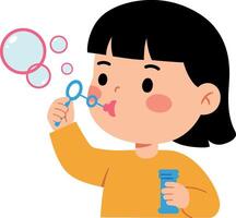 Child blowing bubbles with a bubble wand in a playful and colorful flat illustration vector