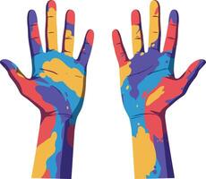 Colorful human hands with vibrant paint patterns in a flat design style art vector