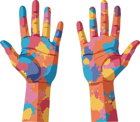 Colorful painted hands showcasing creativity in a flat and vibrant illustration