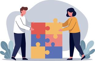 Two people collaborating to assemble colorful puzzle pieces in a flat illustration vector