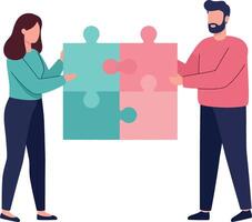 Two people collaborating to connect colorful puzzle pieces in a flat illustration vector