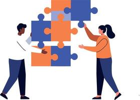 Two people collaboratively assembling colorful puzzle pieces in a flat illustration vector