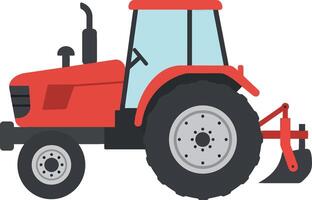 Red tractor with black wheels and plow in flat design art vector