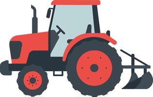 Red tractor with black wheels and plow in flat art style vector