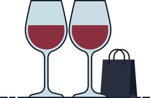 Two elegant wine glasses filled with red wine and a small shopping bag in minimal art vector