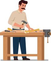 A man working diligently at a wooden table using tools in a flat illustration vector
