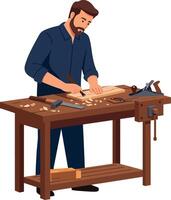 Carpenter shaping wood at workbench in flat art style focusing on craftsmanship and creativity vector