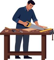 A man focused on woodworking at a workbench using a saw in flat art vector