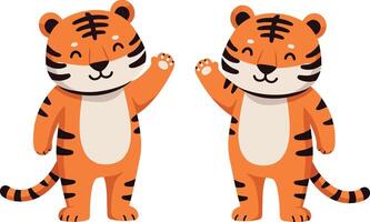 Two cheerful cartoon tigers waving happily in a playful flat illustration vector