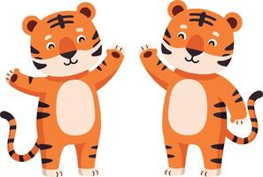Two cheerful cartoon tigers waving in a playful and friendly manner, flat illustration vector