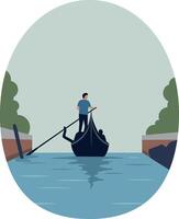 Gondolier navigating a serene canal in minimal flat illustration vector