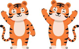 Two cheerful cartoon tigers waving hello in a minimal flat design art vector