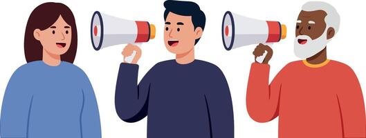 Three diverse individuals using megaphones in a flat, colorful illustration vector