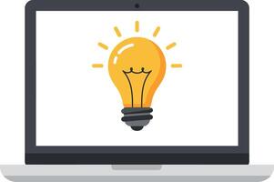 Laptop with glowing light bulb icon in flat design illustration vector