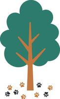 Green tree with brown trunk and colorful paw prints scattered around in flat art vector