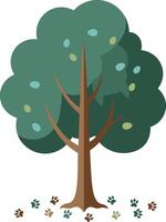 A lush green tree with colorful leaves and playful paw prints in flat art vector