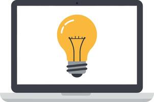 Laptop displaying a bright yellow light bulb in a flat design illustration vector