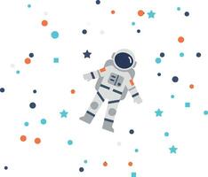 Astronaut floating in space surrounded by colorful stars and planets in flat art vector