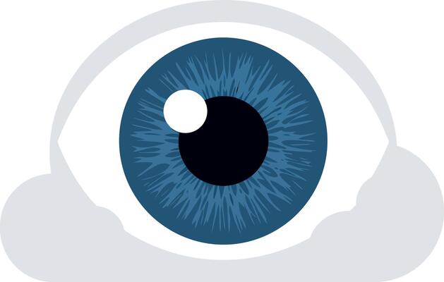 Large blue eye illustration featuring intricate details in a minimal style with soft cloud elements, art