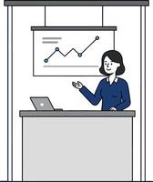 Professional woman presenting business graphs at a modern desk in flat art vector