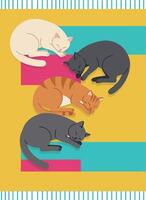 Four sleeping cats on a colorful blanket in a flat illustration vector