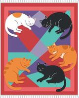 Five cats sleeping peacefully on a colorful geometric blanket in flat art vector