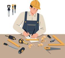 A skilled carpenter focused on woodworking projects in a flat, minimal illustration vector
