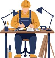 Construction worker in overalls sitting at a desk, focused on blueprint design, flat art vector