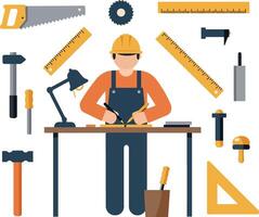 Carpenter working at a table surrounded by tools in flat art vector