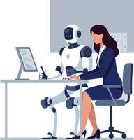 Professional woman collaborating with a humanoid robot at a desk in a flat illustration vector