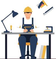 Construction worker drafting plans at a desk in flat art style vector