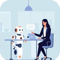 Businesswoman interacting with a friendly robot in a minimal flat design illustration vector