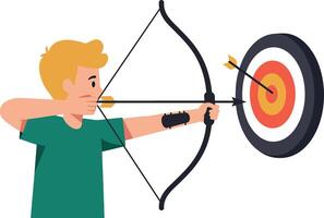 A focused young boy aiming an arrow at a colorful target in flat art vector