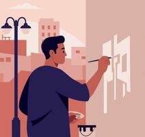 Man painting a mural on a city wall in a flat art style, showcasing creativity and urban life vector