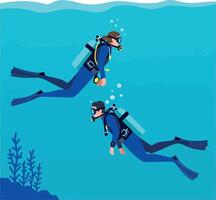 Two divers exploring vibrant underwater scenery in minimal flat art vector