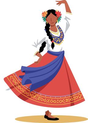 A joyful woman dancing in traditional attire with vibrant colors in a flat illustration