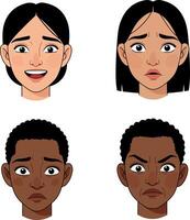 Four diverse facial expressions in a flat, minimal design style showcasing emotions in art vector