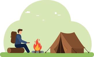 A camper sitting by a warm fire in a minimal flat design illustration of outdoor adventure vector