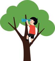 A cheerful boy climbing a tree while observing with binoculars in a flat illustration vector