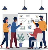 Four professionals engaged in a collaborative meeting with data visuals in a modern office, flat illustration vector